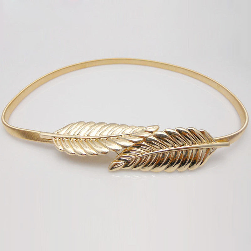 Leaf Design Clasp Front Stretch Metal Waist Gold Silver Belt For Women