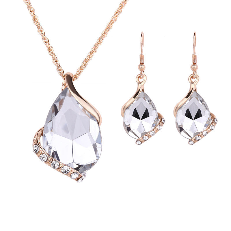 Gold Plated Crystal Waterdrop Necklaces Earrings Jewelry Sets 5 Colors