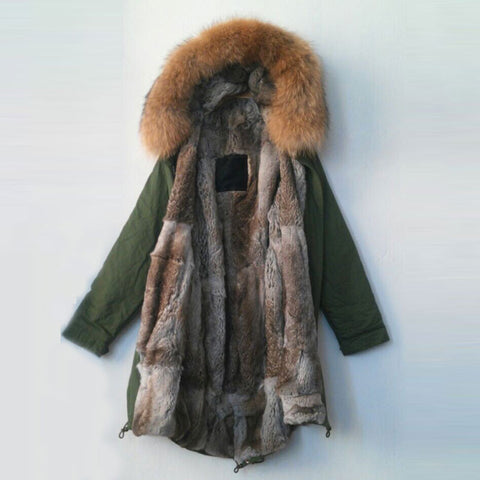 Real Rabbit Fur Lining Natural Color Raccoon Fur Long Jacket for Men