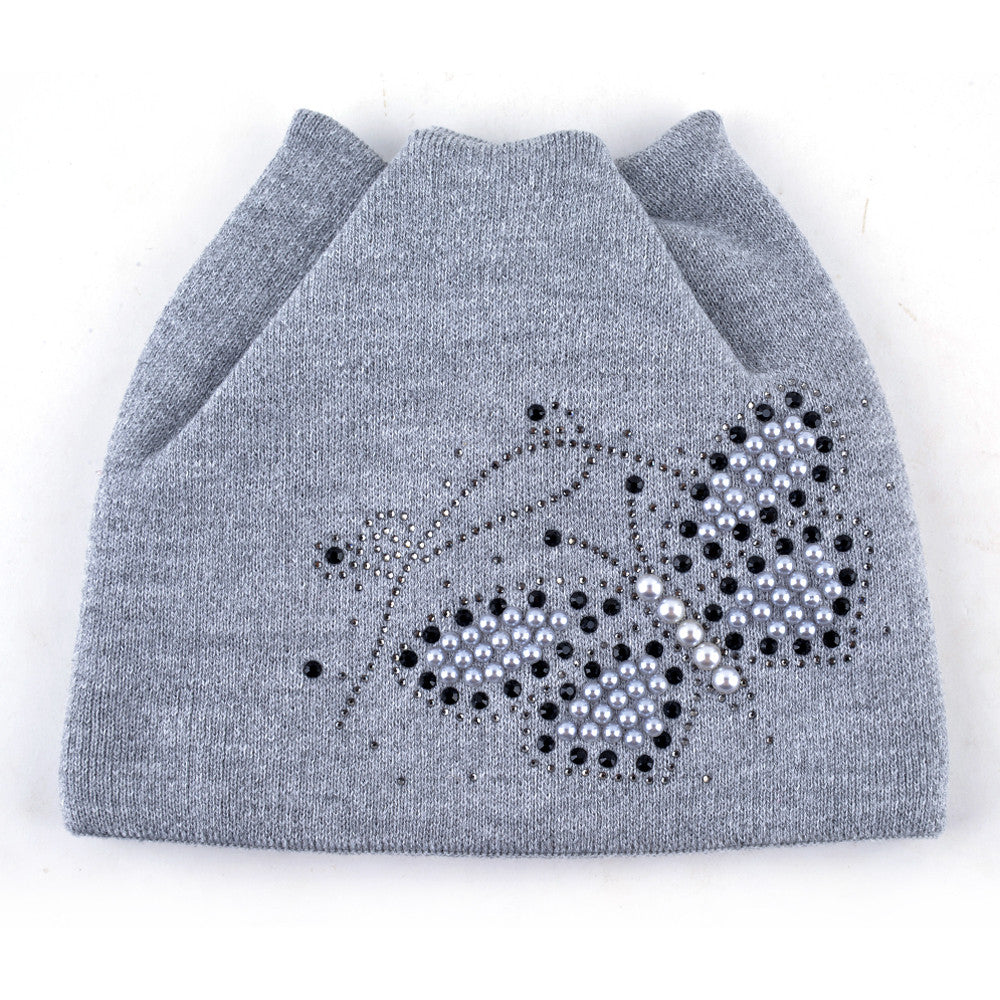 Winter Cat Pearls Butterfly Design Women Hats
