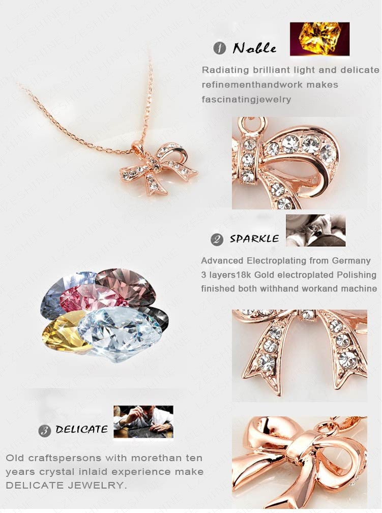 Bow Necklaces Jewelry Real Rose Gold Plated Austrian Crystal Pendants