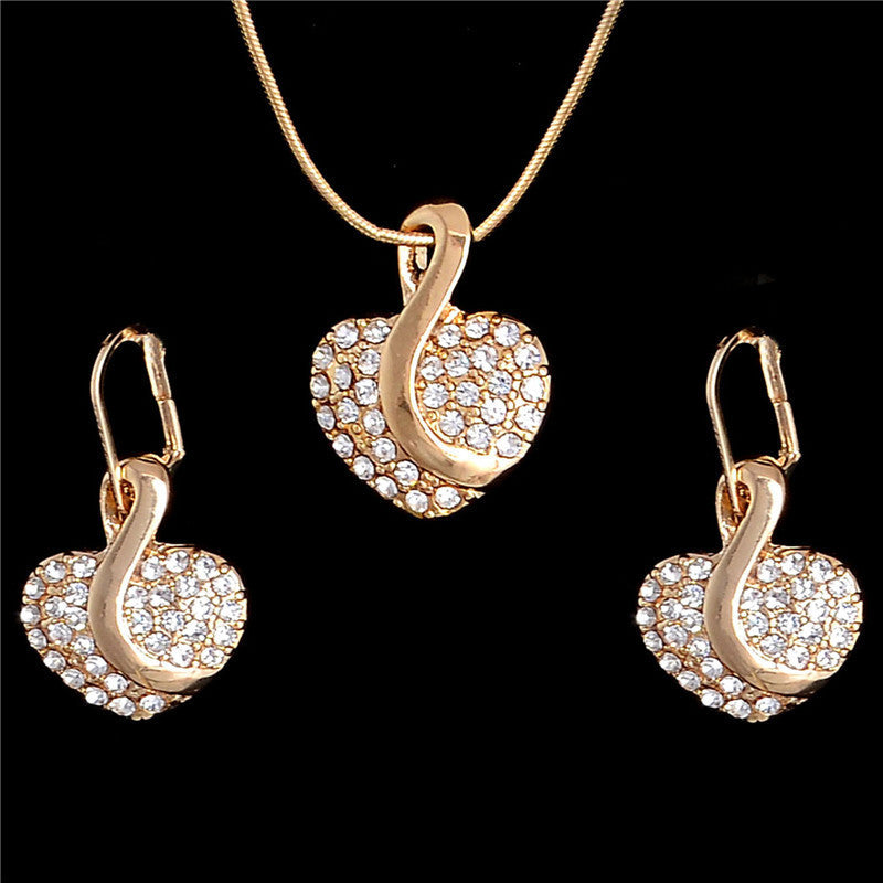 Gold Plated Heart Shape Necklaces Earrings Crystal Jewelry Sets