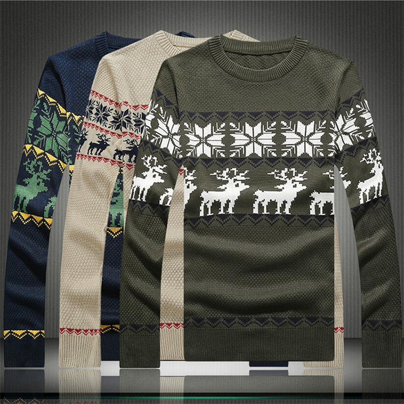 Casual Knitted Men's Sweater Fashion Christmas Deer Snow Pattern