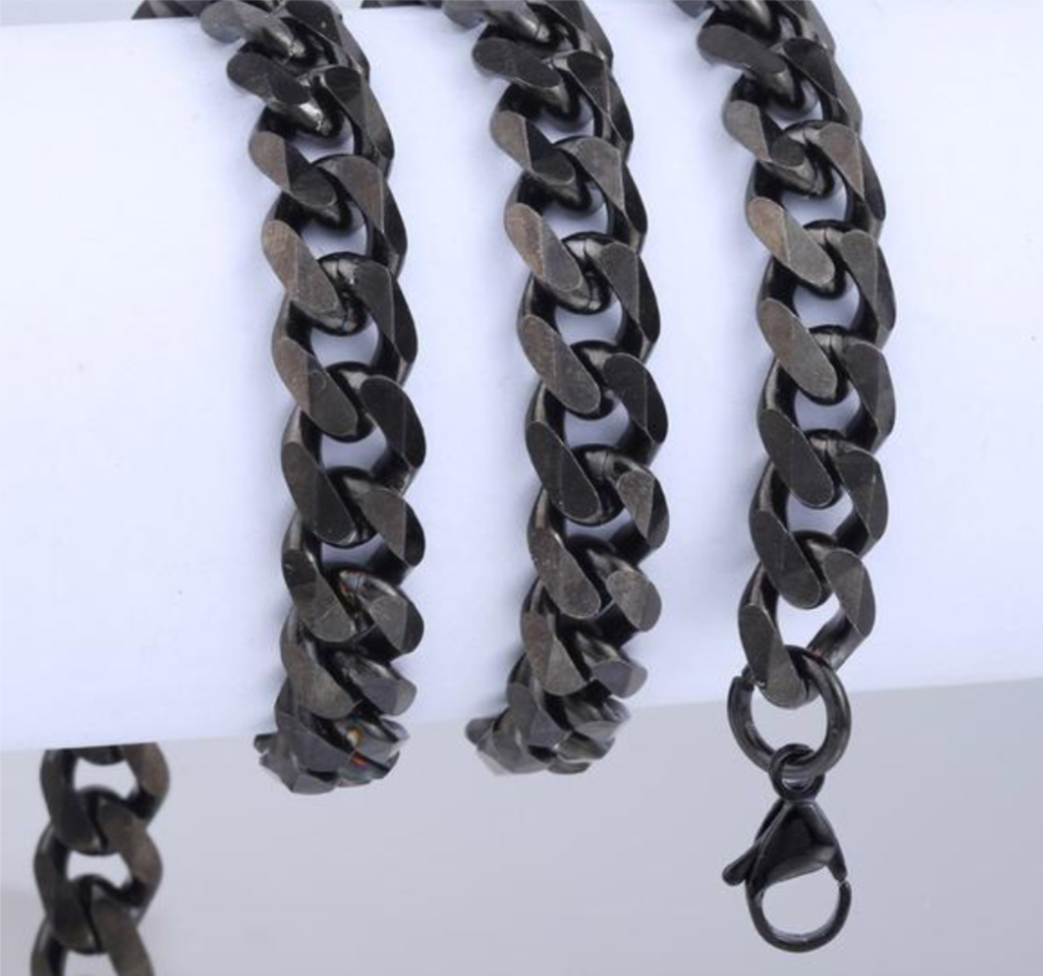 3/5/7/9/11mm Necklace Black Curb Chain Boys Mens mj-