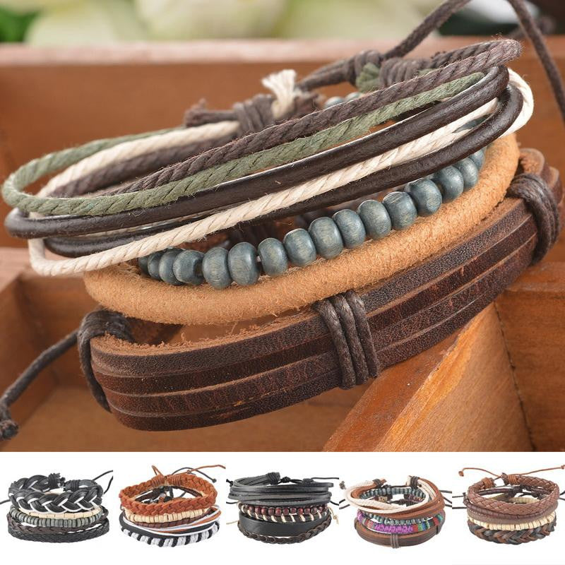 Braided Adjustable Leather Popular Bracelets Women & Men's Jewelry 1Set 4pcs