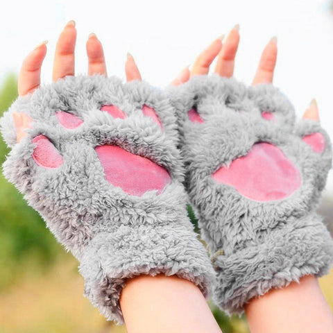 Lovely Bear Cat Claw Paw Winter Half Finger Gloves For Women