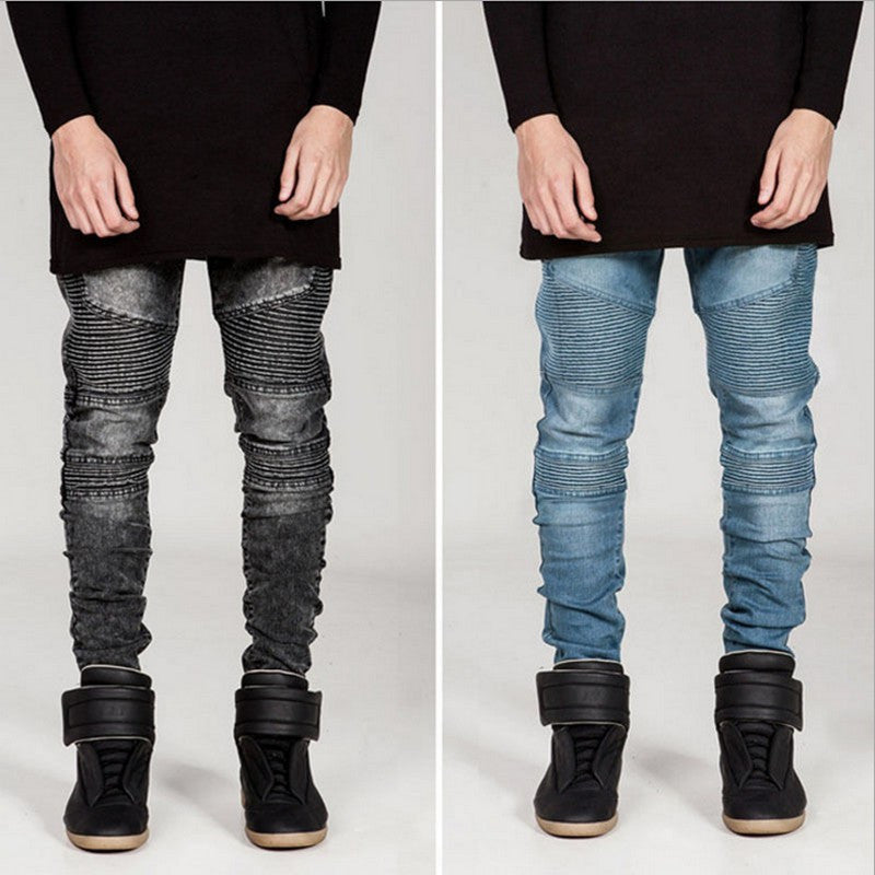 Biker Jeans For Men Zipper Straight Strechable