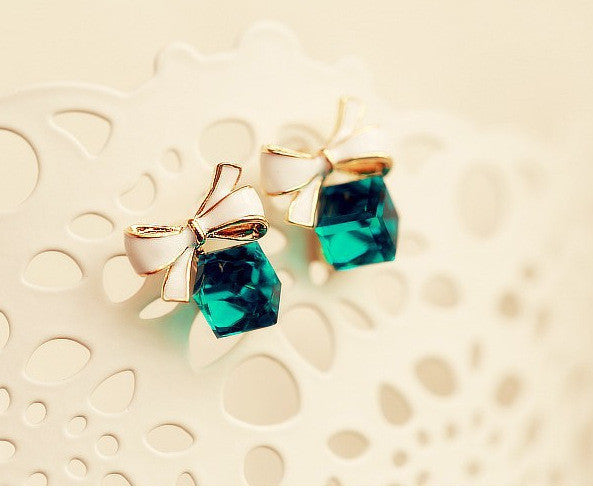 High Quality Gold Bow Cubic Crystal Earrings Blue Rhinestone