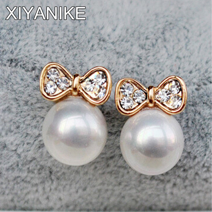 Gold Plated Butterfly Bow Knot Pearl Stud Earrings