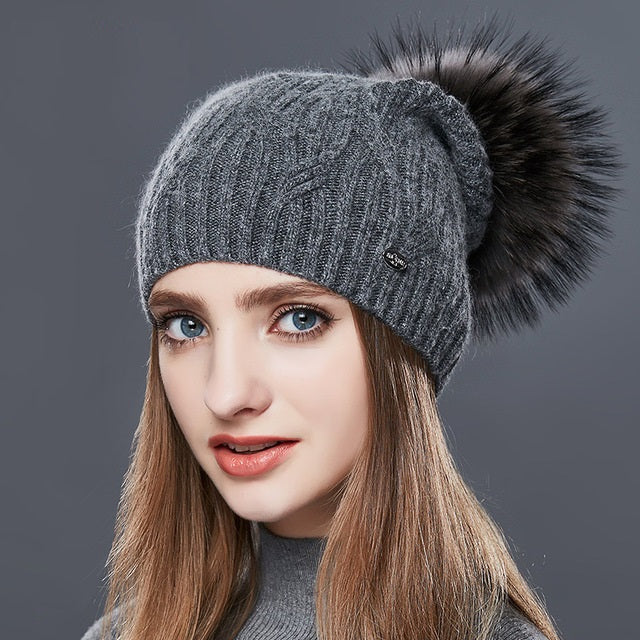 Cashmere Knitted Winter Hat For Women With Real Fur Pompom