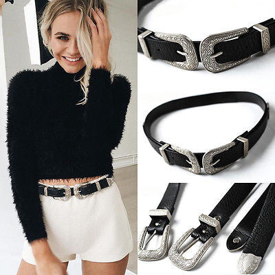 Vintage Boho Metal Double Buckle Leather Waist Belt for Women