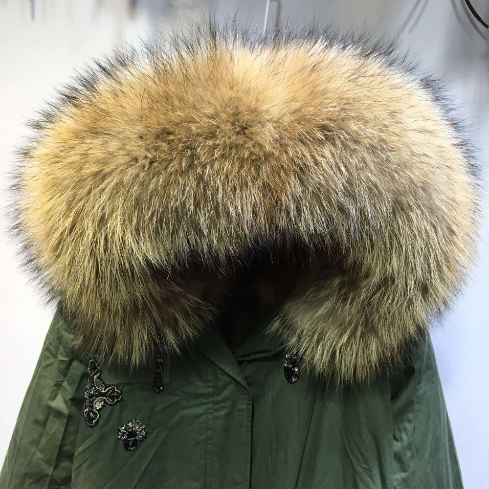 Natural Fox Fur Army Winter Wear Real Raccoon Fur Hoodies Parka For Men