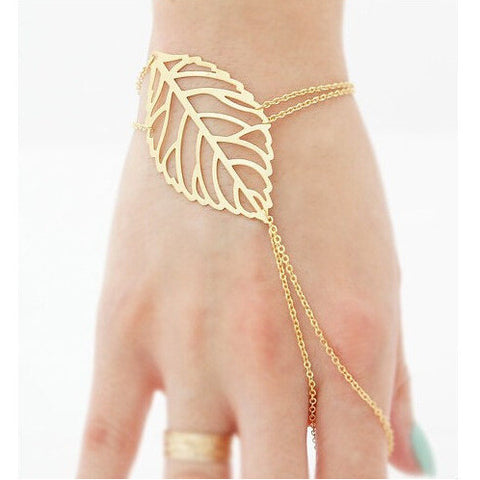 Hollow Leaves Bracelets With Finger Ring Slave Chain Hand Harness For Women