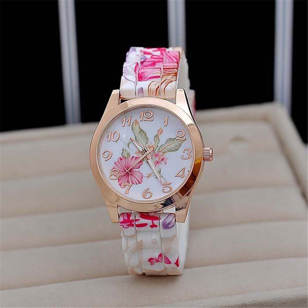 Rose Flower Print Jelly Silicone Quartz Watch ww-b