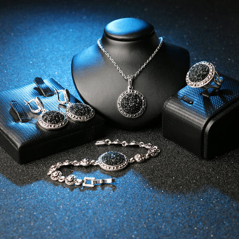 Black Broken Stone Jewelry Sets Earrings Bracelets Ring wr-