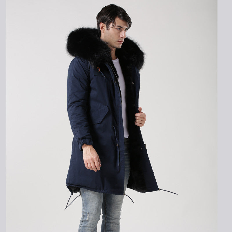 Navy Winter Fur Parka for Men Thickened Long Padded Jacket