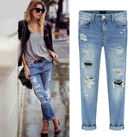 Ripped Holes Full Length Mid Waist Washed Jeans for Women