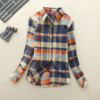 Ladies Casual Cotton Long-Sleeve Plaid Shirt Tops For Women