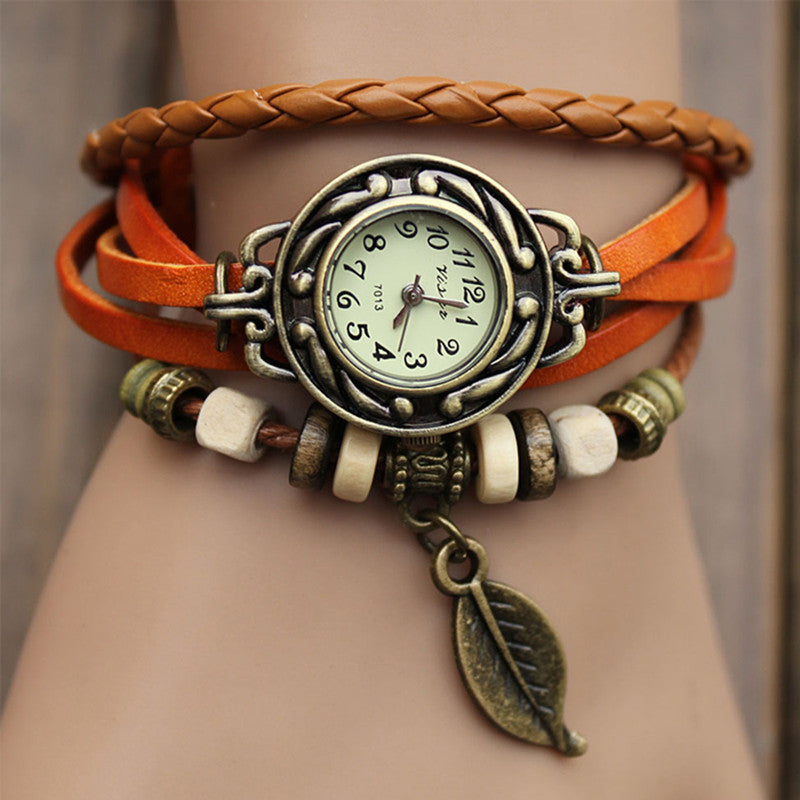 Leaf Tag Leather Wooden Bead Antique Watch ww-b