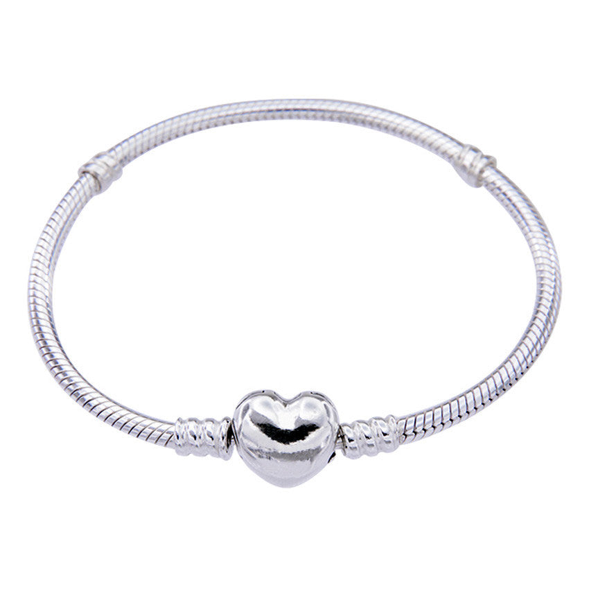 Beautiful Love Heart Clasp Snake Chain Beads Fit Women Bracelets