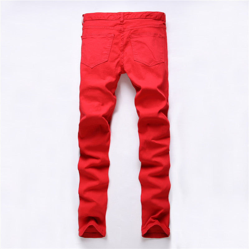 Red White Black Ripped Denim Knee Jeans for Men