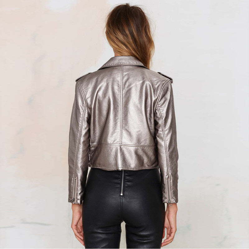 Spring Lapel Crop PU Women Jacket For Women Style Silver Casuals