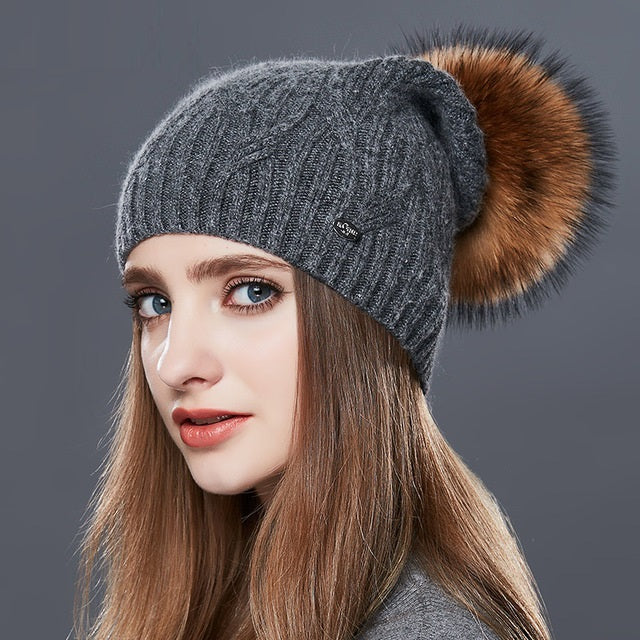 Cashmere Knitted Winter Hat For Women With Real Fur Pompom