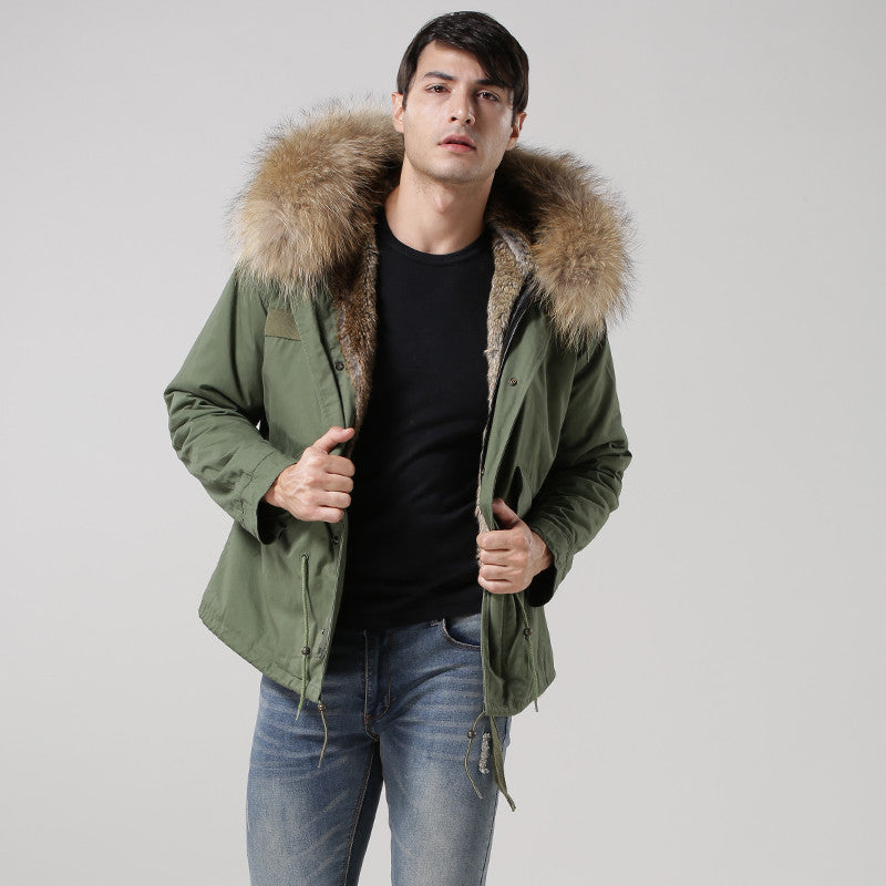 Real Faux Fur Parka For Men Raccoon Dog Fur Casual Wear Hood Jacket