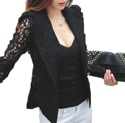 Sheer Lace Patchwork Blazer Women Jacket