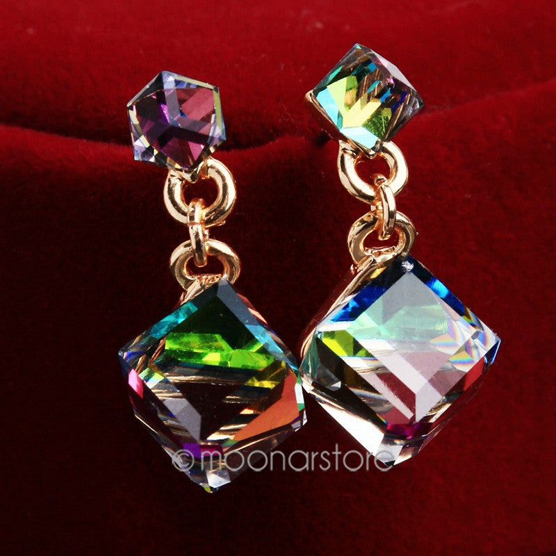 Clear Green/Gray/Multicolor/Black Color CZ Cube Stone Earrings