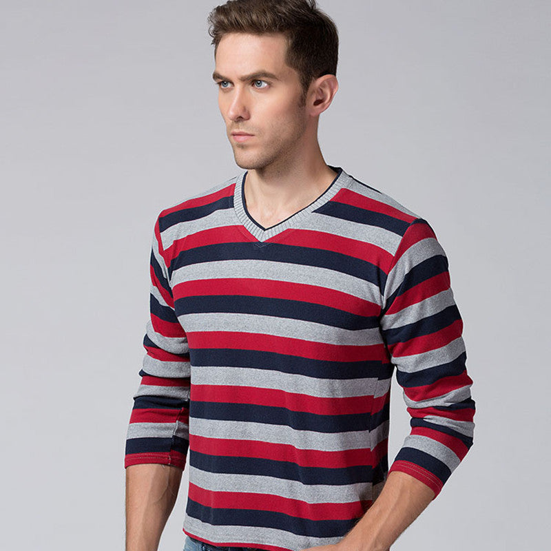 V-Neck Striped Multi Color Knitted Sweater for Men