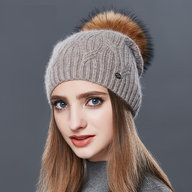 Cashmere Knitted Winter Hat For Women With Real Fur Pompom