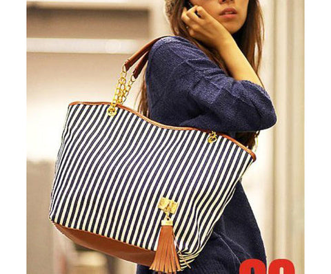 Striped Canvas Tote Handbag For Women