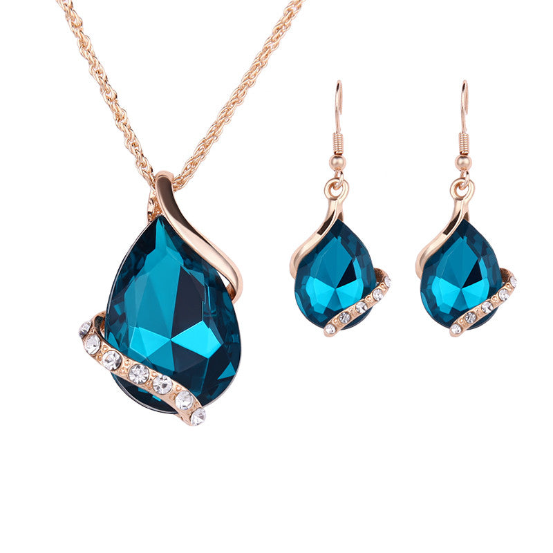Gold Plated Crystal Waterdrop Necklaces Earrings Jewelry Sets 5 Colors