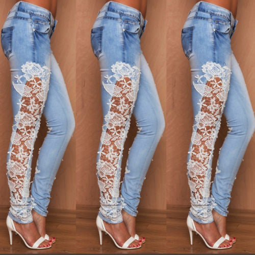 Hollow Out Lace Floral Splice High Waist Casual Jeans For Women