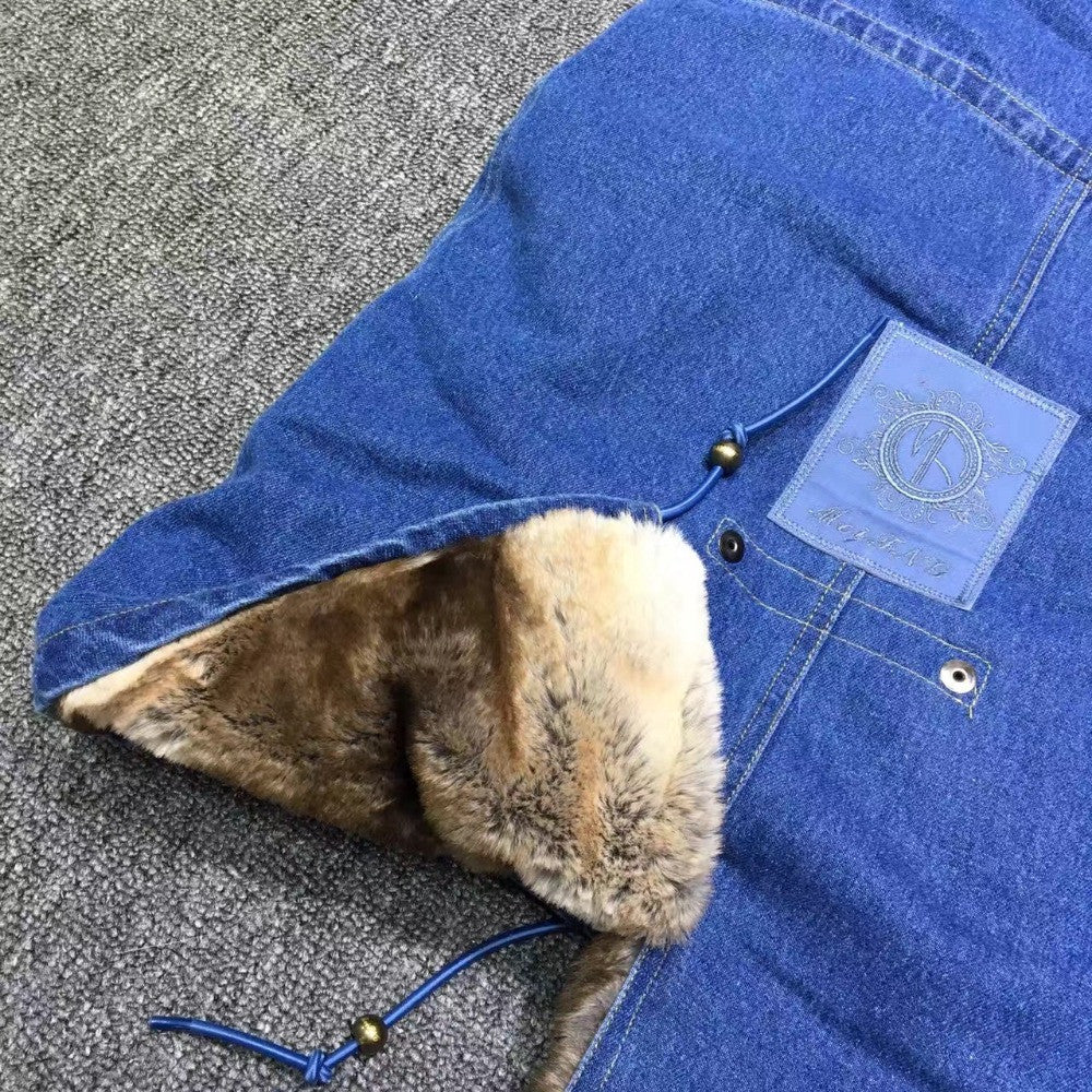 Full Real Fur Long Denim Parka for Men With Removal Raccoon Fur Hoodies