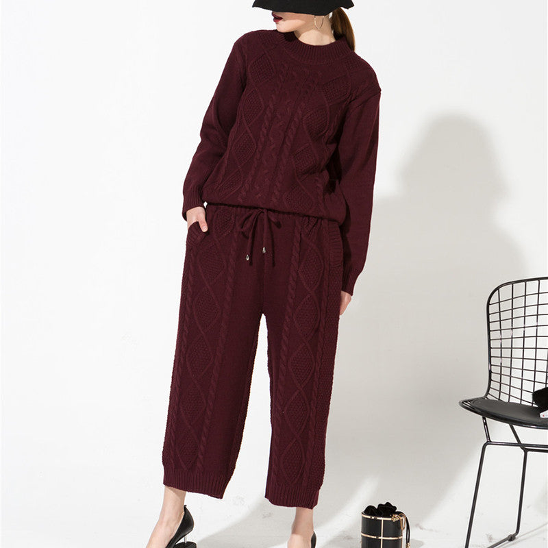 Thicker Round Neck Knit Sweater Pants Suits For Women