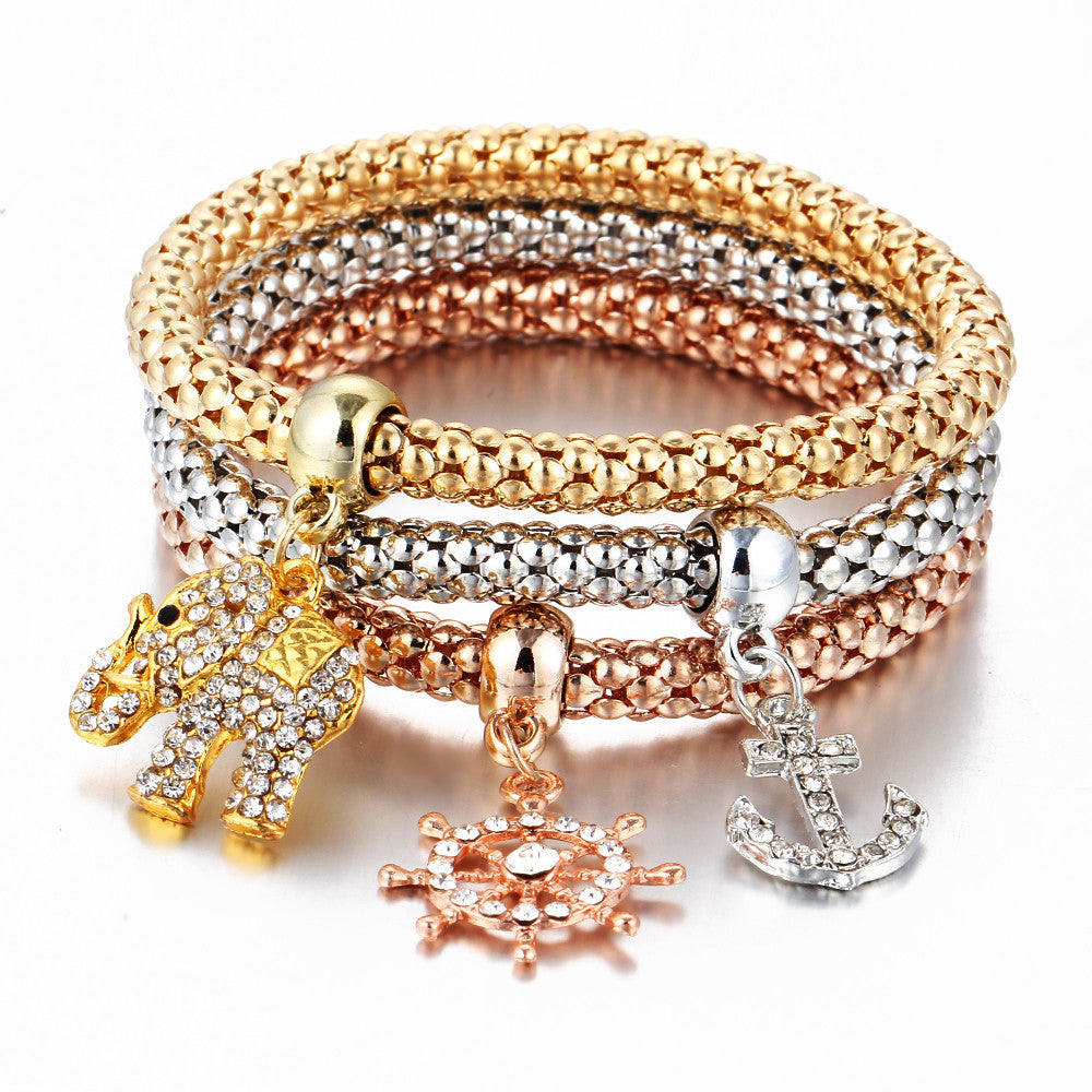 3 Pcs Set Crystal Butterful Elastic Heart Bracelets & Bangles