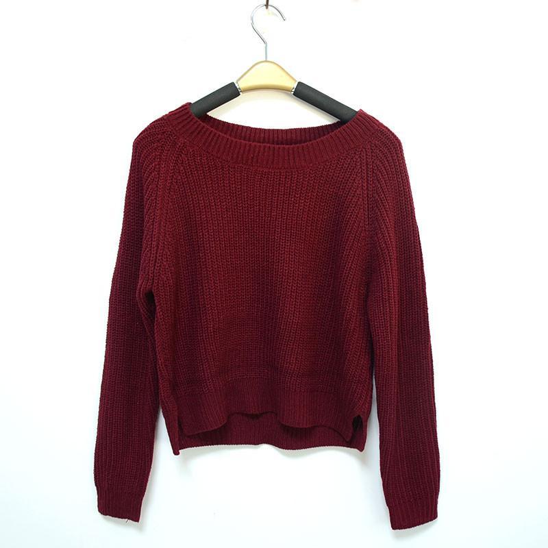 Long Sleeve Casual Crop Slim Solid Knitted Sweater For Women