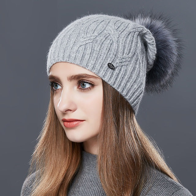 Cashmere Knitted Winter Hat For Women With Real Fur Pompom