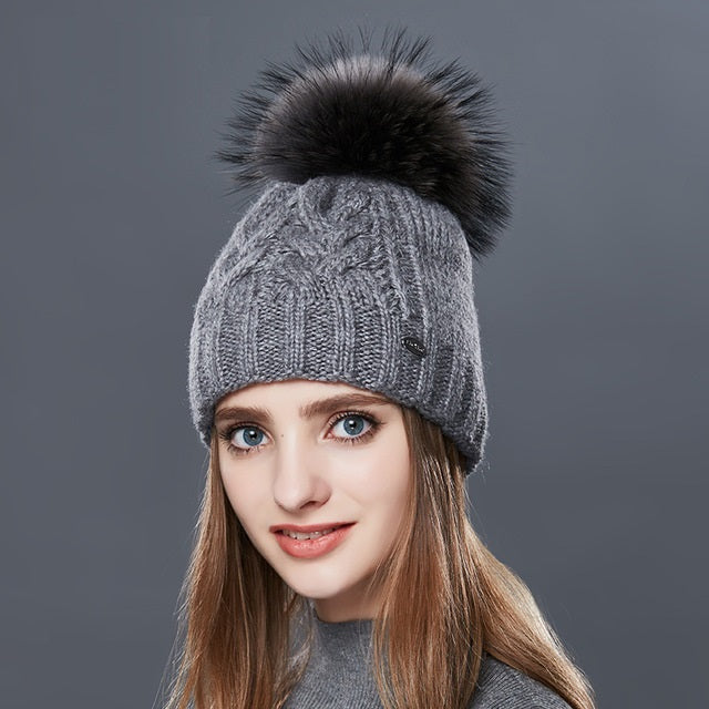 Thick Warm Double Layer Hats For Women With Fur Pompom Cashmere Beanies