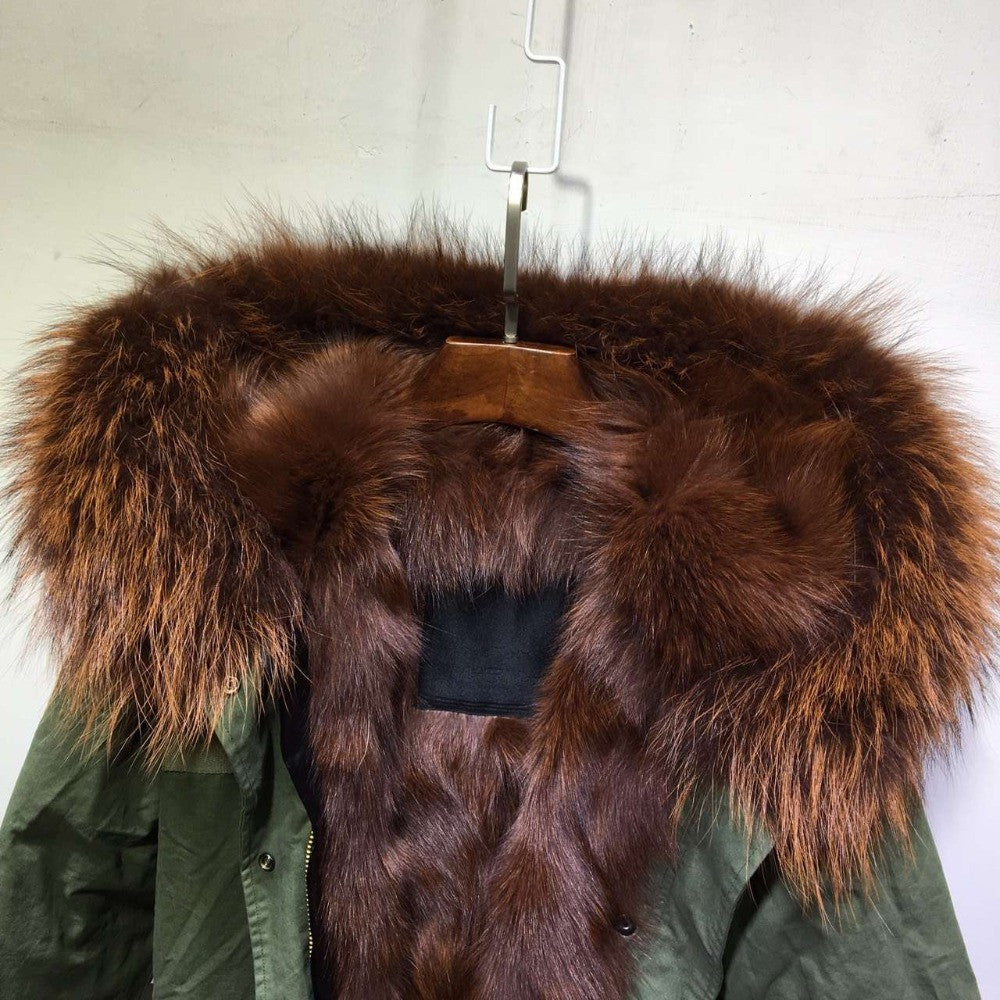 Brown Fully Real Fox Fur Removable Coffee Brown Fur Lining Long Design Parka for Men