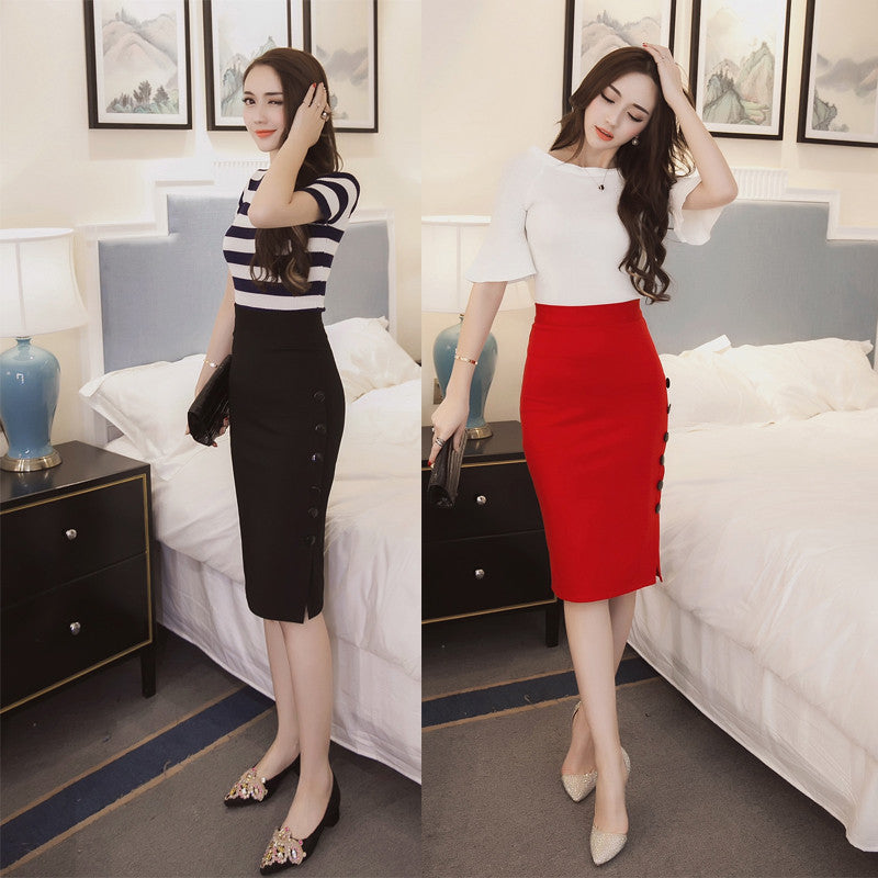 Slim Slit Button Elegant Ladies Skirts in 2 Colors