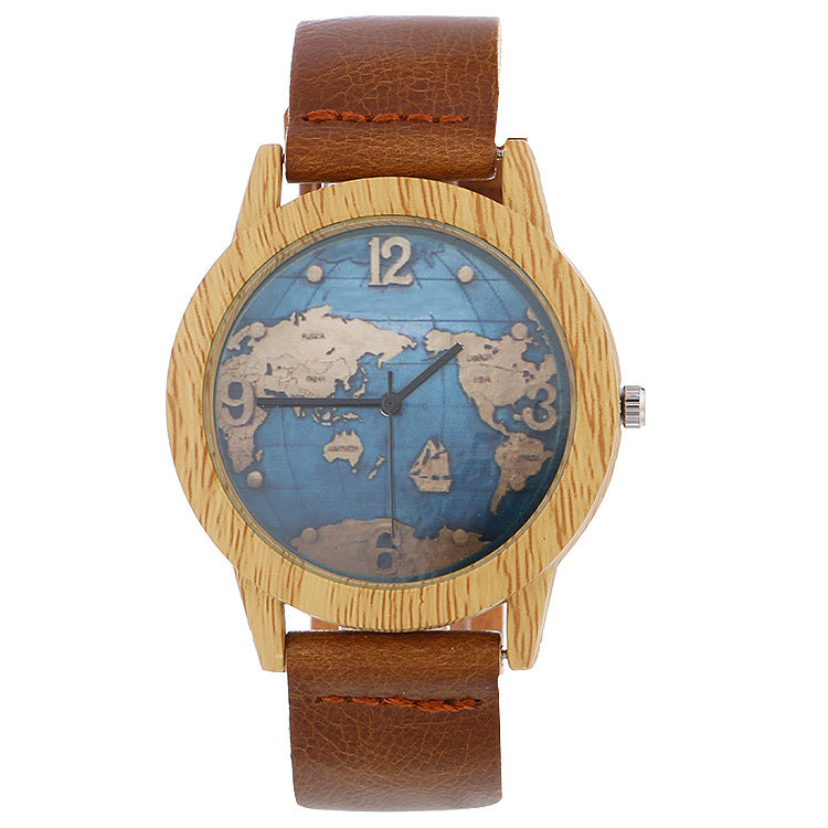 Wooden Case World Map Dial Leather Band Watch ww-d wm-q
