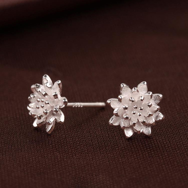 Handmade Jewelry Sliver Lotus Flower Earrings