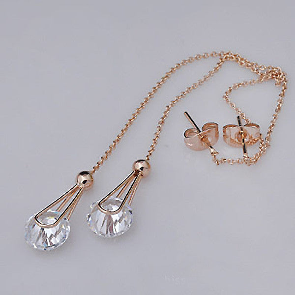 Long Crystal Rose Gold Plated CZ Diamond Earrings