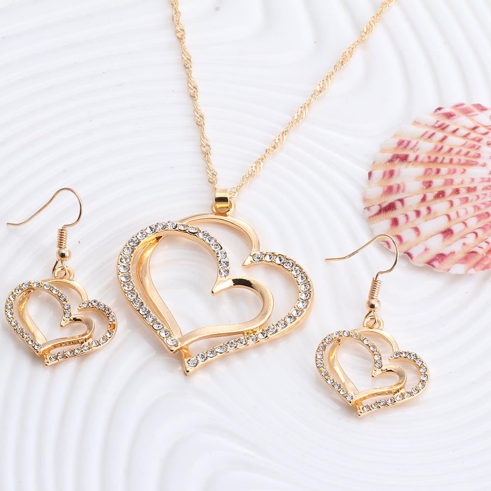 Romantic Heart Pattern Crystal Earrings Necklaces Jewelry Sets