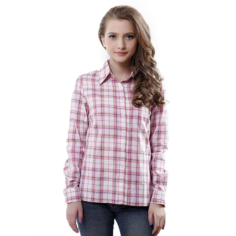Long Sleeve Turn-Down Collar Plaid Women Casual Cotton Shirt Tops