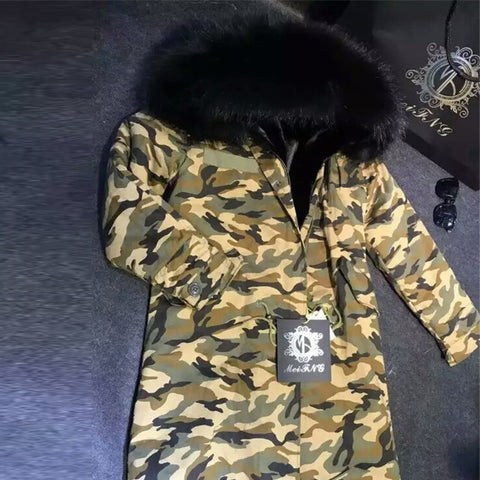 Army Camouflage Long Black Faux Real Fur Lined Big Hood Parka For Men