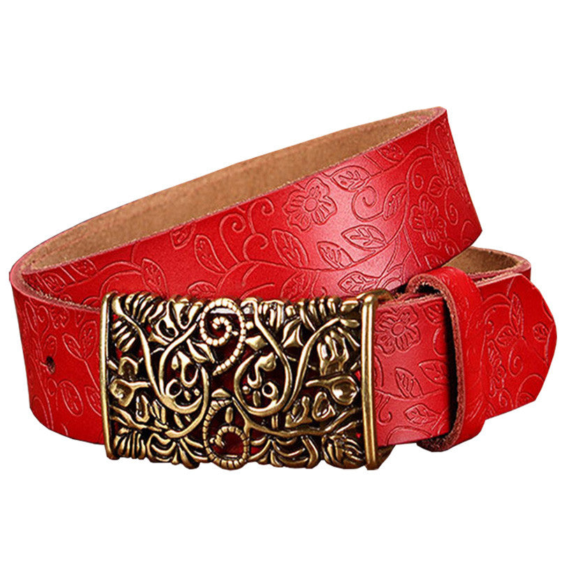 Genuine Leather Vintage Floral Metal Buckle Belt For Women
